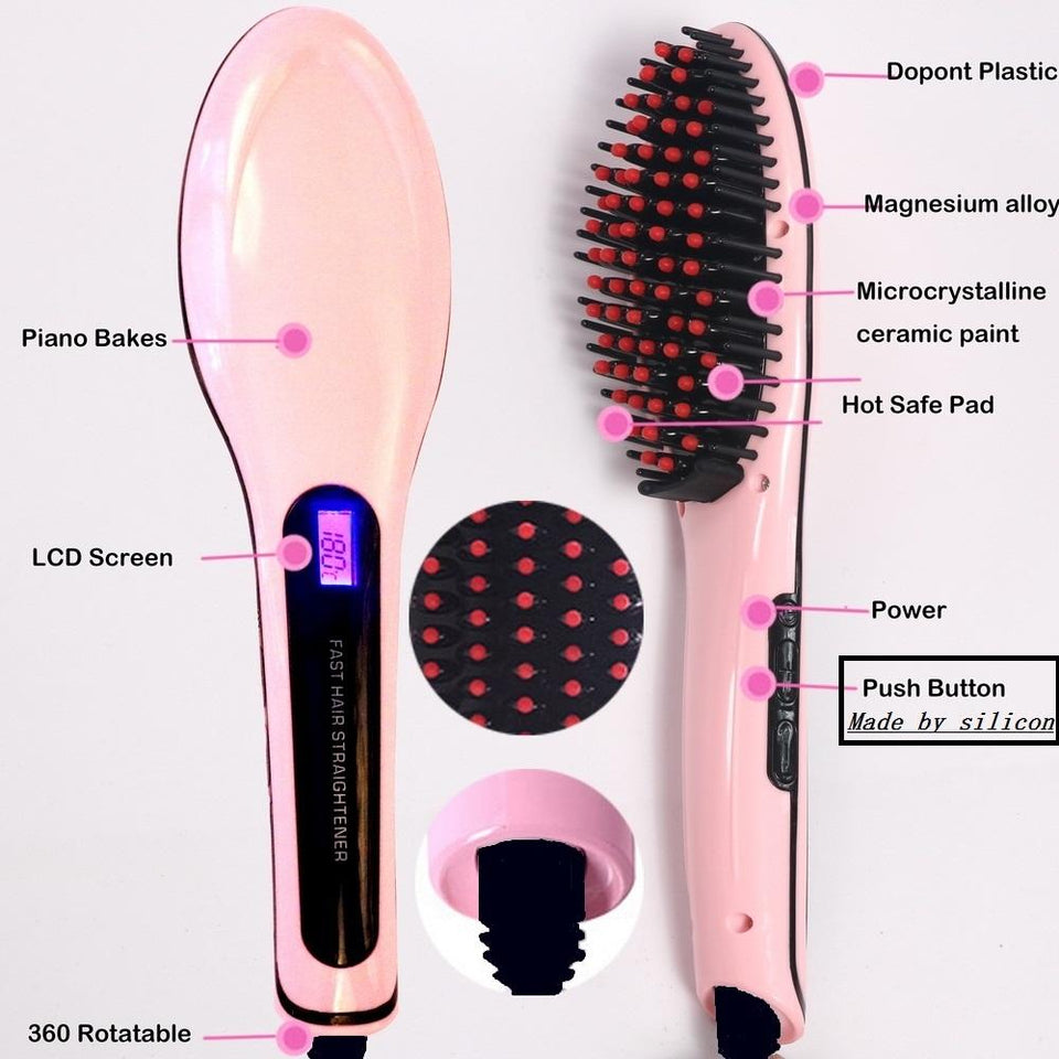 Iron Hair Straightener Brush Comb Massager with LCD Display