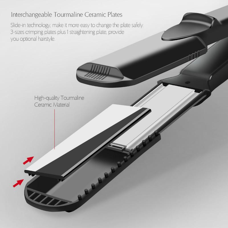 Professional Interchangeable 4 in 1 Ceramic Hair Crimper Straightener Corn Waver Corrugated Iron Plate