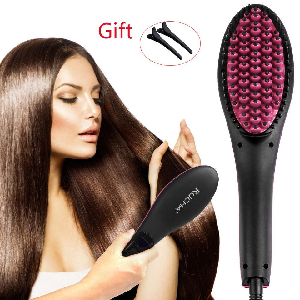 Digital Heating Ceramic Hair Heating Brush Hair Straightener Flat Iron Comb