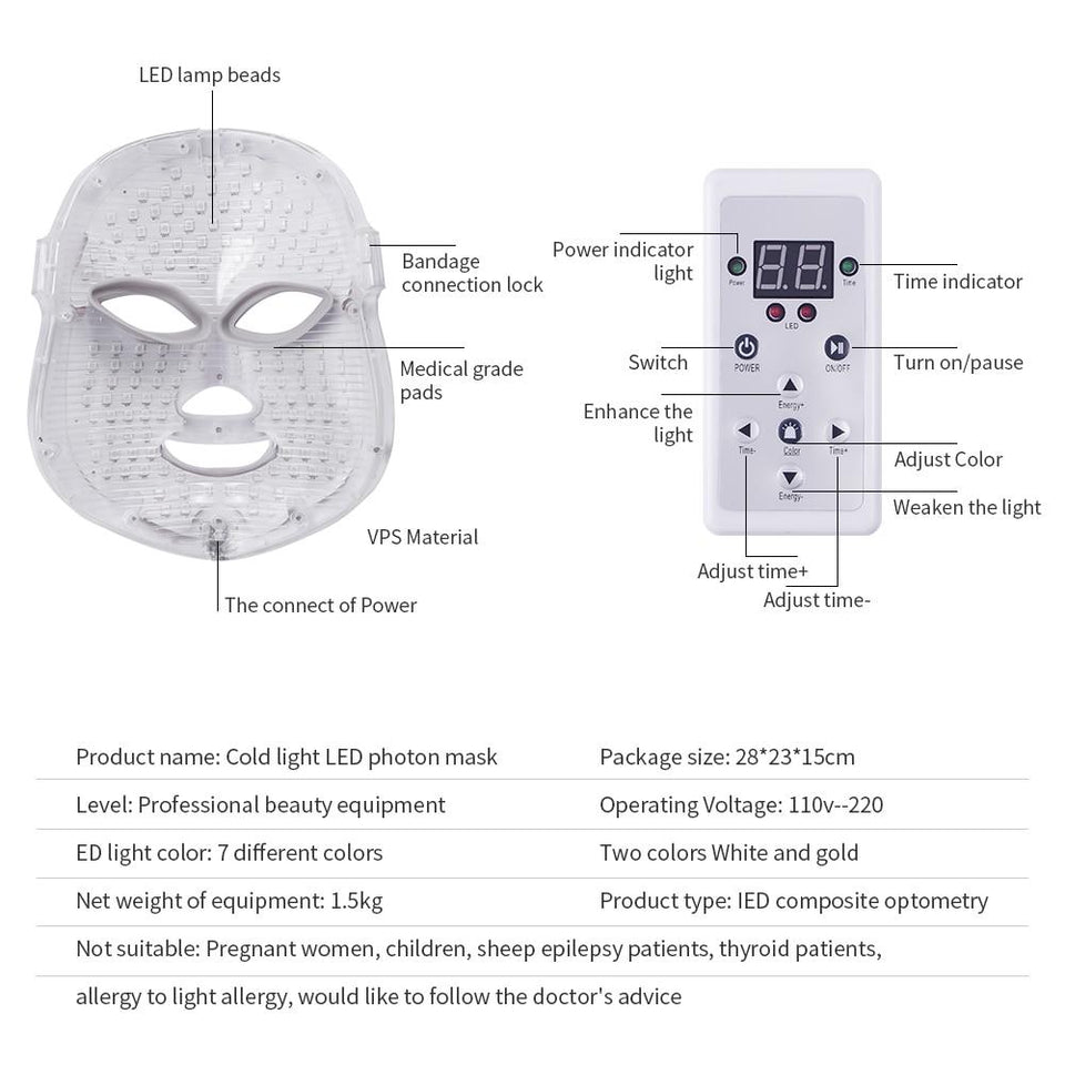 7 Colors Light Photon LED Facial Mask for Skin Rejuvenation Wrinkle Acne Removal
