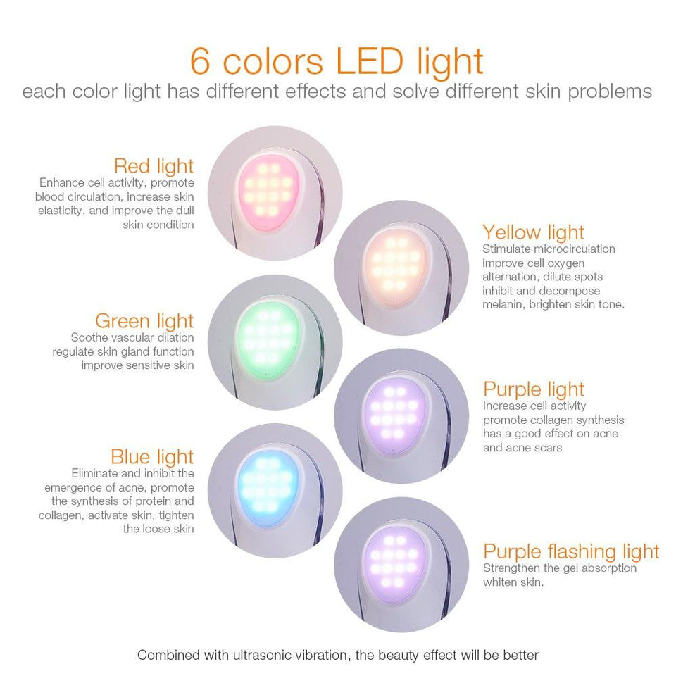 6 in 1 LED Photon Therapy Beauty Device Anti-aging Ultrasonic Vibration Facial Massager