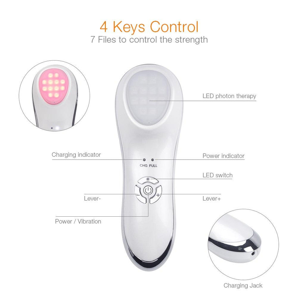 6 in 1 LED Photon Therapy Beauty Device Anti-aging Ultrasonic Vibration Facial Massager