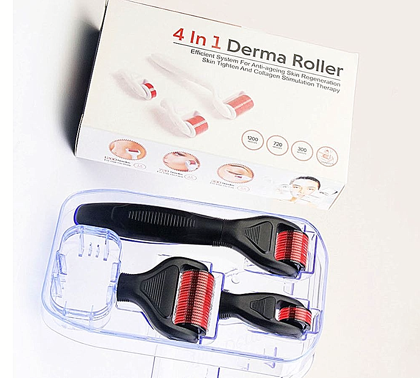 4 in 1 Derma Roller Set 0.5mm, 1.0mm, 1.5mm Titanium Micro Needles with Travel Box